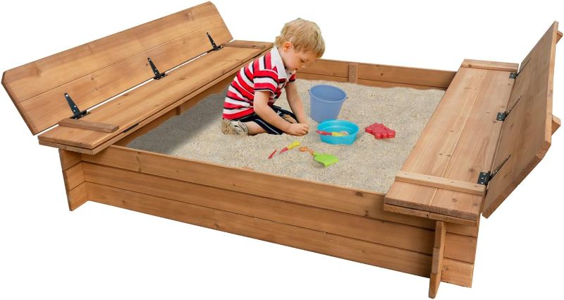 Photo 2 of BIRASIL Wood Sandbox with 2 Bench Seats, Sand Boxes with Lid for Kids, Sand Pit with Cover for Outdoor Backyard Patio, 48 Inch