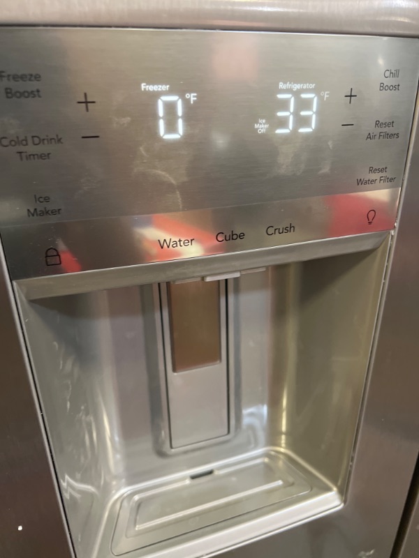 Photo 1 of 36 in. 22.3 cu. ft. Counter Depth Side-by-Side Refrigerator in Smudge-Proof Stainless Steel
- dents/scratches all over 