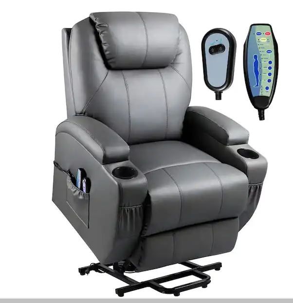 Photo 1 of Big and Tall Gray Power Lift Recliner Chair for Elderly with Massage and Heat, Side Pockets and Cup Holders
