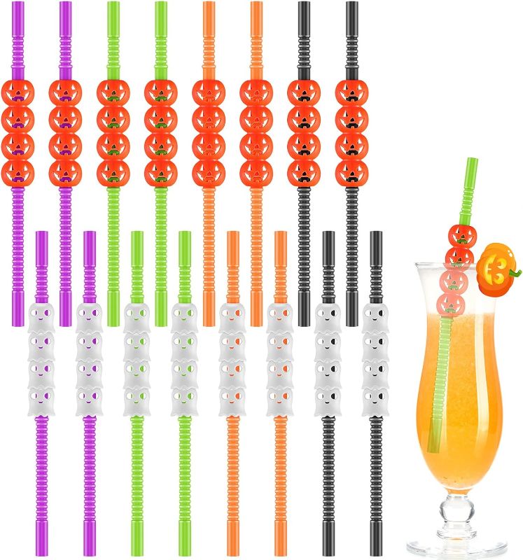 Photo 1 of 28 Pcs Halloween Straws Plastic Party Straws Include Pumpkin Ghost Reusable Drinking Straws Halloween Party Decoration for Kids Halloween Party Supply
