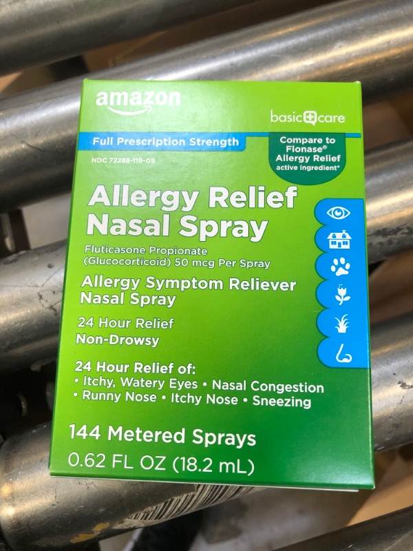 Photo 1 of Amazon Basic Care 24-Hour Allergy Relief Nasal Spray, Fluticasone Propionate (Glucocorticoid), 50 mcg, Full Prescription Strength, Non-Drowsy, 0.62 Fl Oz 0.62 Fl Oz (Pack of 1)