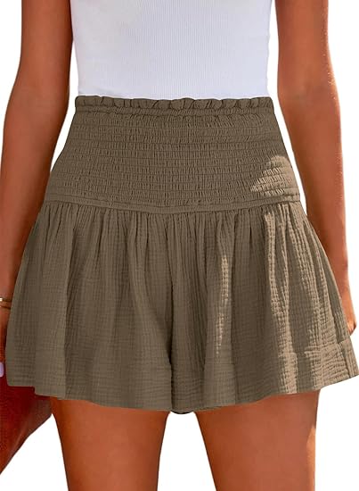 Photo 1 of ANGGREK Womens Summer Casual Shorts Loose High Elastic Waisted Pleated Ruffle Beach Shorts Flowy Cute Shorts l
