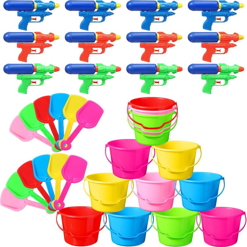 Photo 1 of 12 Set Beach Buckets and Sand Shovels for Kids, with 12 Pieces Plastic Water Gun Toy for Summer Holiday Party Swimming Pool Beach Birthday Party Favors Outdoor Games Activities, Assorted Colors
