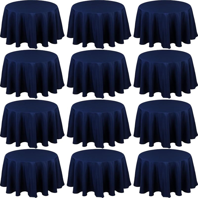 Photo 1 of 12 Pack 48 Inch Round Tablecloths Fitted 20-28 Inch Round Tables Bulk Polyester Fabric Washable Round Table Cover Wrinkle Free Circle Table Cloths for Wedding Reception Party Restaurant (Navy Blue)
