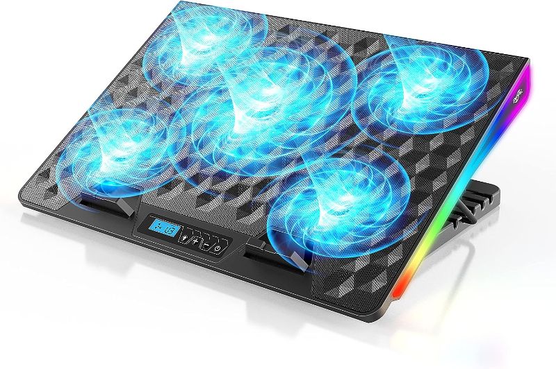 Photo 1 of PPFK Laptop Fan Cooling Pad, RGB Laptop Cooler Pad with 5 Cooling Fans, Cooling Pad for Gaming Laptop 15-17.3 Inch, Laptop Cooling Stand with 5 Height Adjustable, 10 Modes Light & 2 USB Ports
