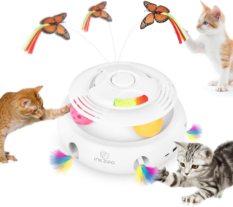 Photo 1 of INKZOO 4-in-1 Interactive Cat Toys for Indoor Cats, Automatic 6 Holes Mice Whack-A-Mole, Fluttering Butterfly, Track Balls, USB Rechargeable, Ultra Fun Smart Interactive Kitten Toy (White, Style 2)
