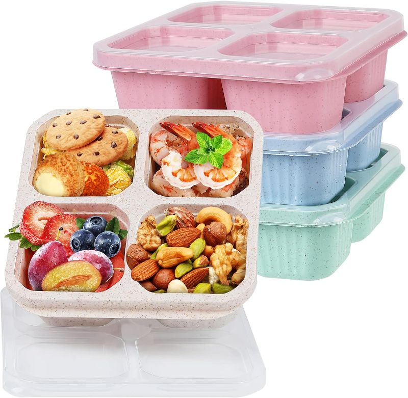 Photo 1 of buluker 4 Pack Bento Snack Containers Set? 4 Compartment Food Storage Containers Wheat Straw Meal Prep Lunch Box Plastic Food Storage Containers, Microwave and Dishwasher Safe (4colour)
