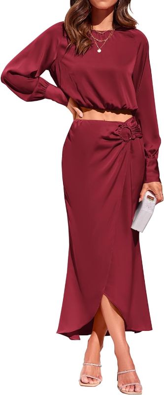 Photo 1 of BTFBM Women's 2023 Fall Two Piece Outfits Satin Crew Neck Long Sleeve Crop Top and Flowy Maxi Skirt Set ( SIZE: XL) 
