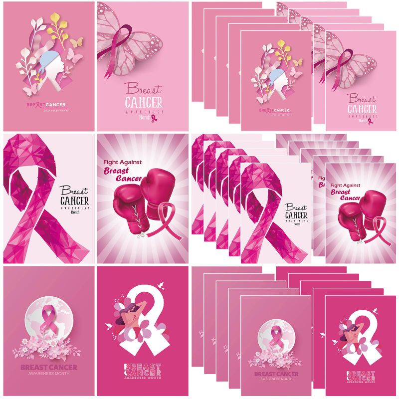 Photo 1 of ( PACK OF 2 ) Honoson 36 Pieces Breast Cancer Awareness Poster 15 x 10 Inch Pink Ribbon Sign Breast Cancer Awareness Banner Backdrop Breast Cancer Awareness Sign Breast Cancer Party Decorations
