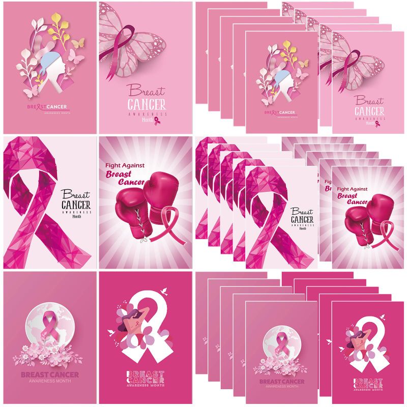 Photo 1 of  ( PACK OF 2 ) Honoson 36 Pieces Breast Cancer Awareness Poster 15 x 10 Inch Pink Ribbon Sign Breast Cancer Awareness Banner Backdrop Breast Cancer Awareness Sign Breast Cancer Party Decorations