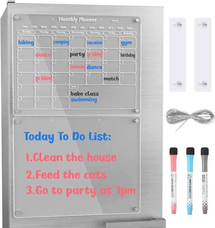 Photo 1 of 2PCS Acrylic Calendar for Fridge, Clear Magnetic Dry Erase Monthly and Weekly Calendar, Memo Board, with 3 Colors Magnet Markers and Sticker (16.53 * 13In) (Weekly&Monthly Calendar)
