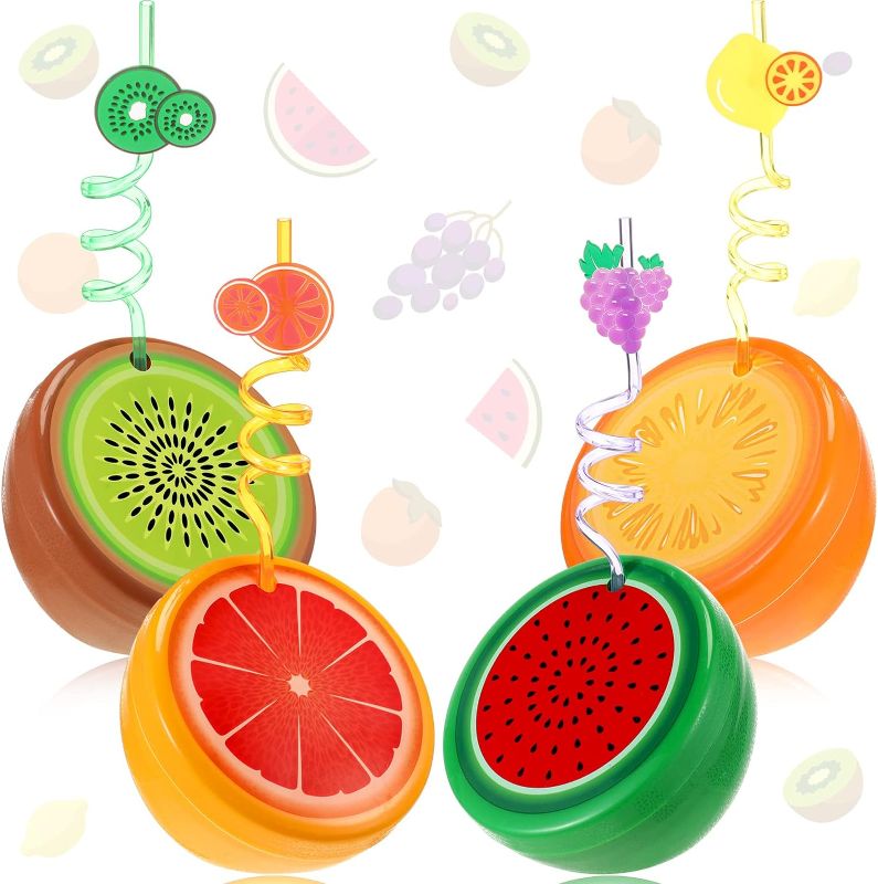 Photo 1 of 4 Set Fruit Shaped Cups with 4 Reusable Fruit Straws and Lids 17oz Watermelon Kiwi Lemon Grapefruit Shape Drinking Cups for Tutti Fruit Party Birthday Hawaiian Beach Party Supplies
