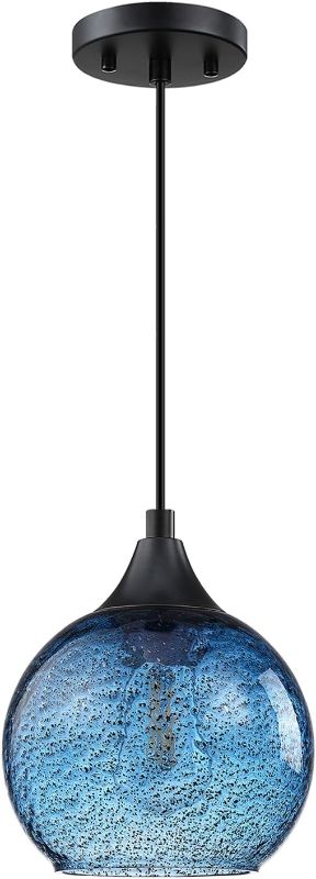 Photo 1 of 1 Light 6.3" Hanging Indoor Kitchen Island Pendant Lights Black Seeded Glass Pendant Ceiling Light Fixtures Black Finish Farmhouse Dinning Over Sink (1 Pack, Ancient Black Seeded Blue Glass)
