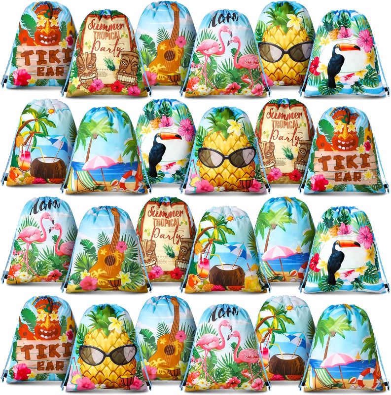 Photo 1 of 24 Pcs Hawaiian Party Favor Bags for Kids Hawaii Themed Aloha Drawstring Bags Tropical Goodie Bags Flamingo Gift Bag