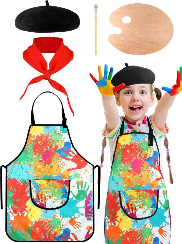 Photo 1 of Estune 5 Pcs Artist Costume Accessories Set Include Tie Dye Kids Apron with Pocket and Adjustable Neck Strap, Black Beret, Red Scarf, palette with Brush for Boys Girls Halloween Career Day Costume
