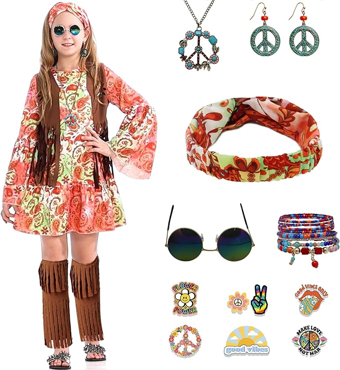 Photo 1 of 23PCS 60s 70s Costume Cosplay Dress Set Peace Sign Outfits Party Accessories for Girls Kids Halloween -- Size 4/5T
