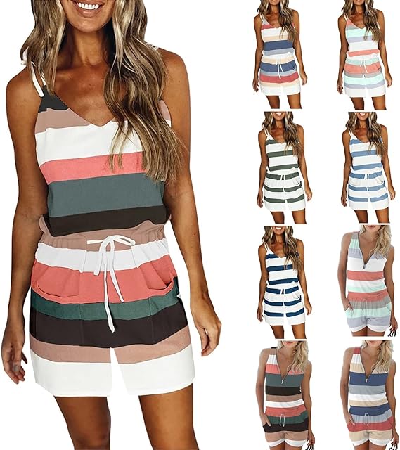 Photo 1 of Ryhoow Women Summer Jumpsuit Casual Striped Dress V Neck Spaghetti Splicing Sling Strap Jumpsuit with Drawstring Belt Sleeveless Zipper Jumpsuit -- Size Small
