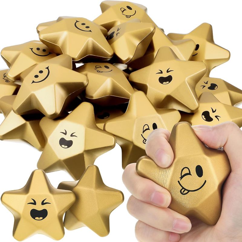 Photo 1 of 18 Pieces 3.1 Inch Happy Birthday Star Stress Balls Back to School Star Foam Ball Smile Face Star Shape Relief Ball Stress Toys for School Reward Student Party Bag Fillers (Cute Style)
