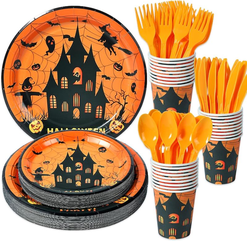 Photo 1 of 150Pcs Halloween Party Supplies Party Decorations (Serves 25) Disposable Tableware Set for Kids include Dinner Plates, Dessert Plates, Cups, Knives, Forks, Spoons.
