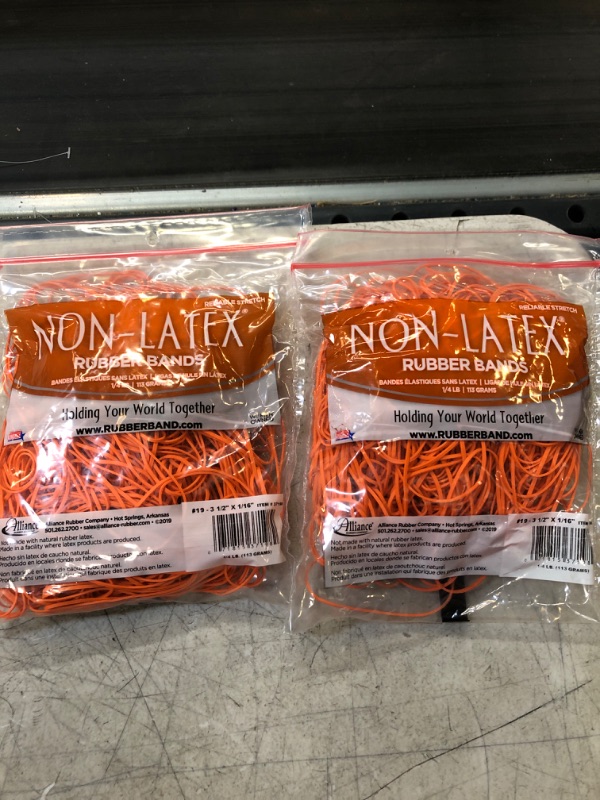 Photo 2 of Alliance Rubber 37198#19 Non-Latex Rubber Bands, 1/4 lb Poly Bag Contains Approx. 260 Bands (3 1/2" x 1/16", Orange)  2 PACK 
