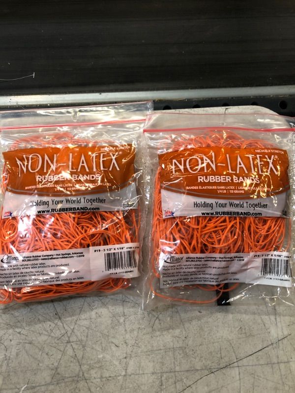 Photo 1 of Alliance Rubber 37198#19 Non-Latex Rubber Bands, 1/4 lb Poly Bag Contains Approx. 260 Bands (3 1/2" x 1/16", Orange)  2 PACK 
