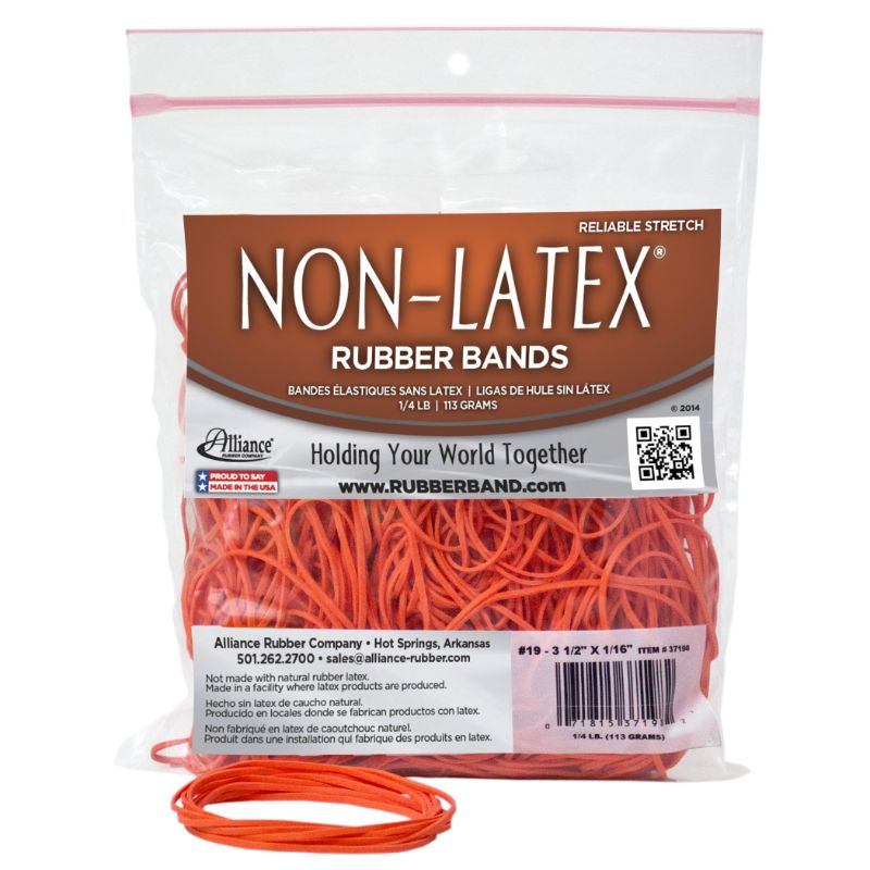Photo 1 of Alliance Rubber 37198#19 Non-Latex Rubber Bands, 1/4 lb Poly Bag Contains Approx. 260 Bands (3 1/2" x 1/16", Orange)  2 PACK 
