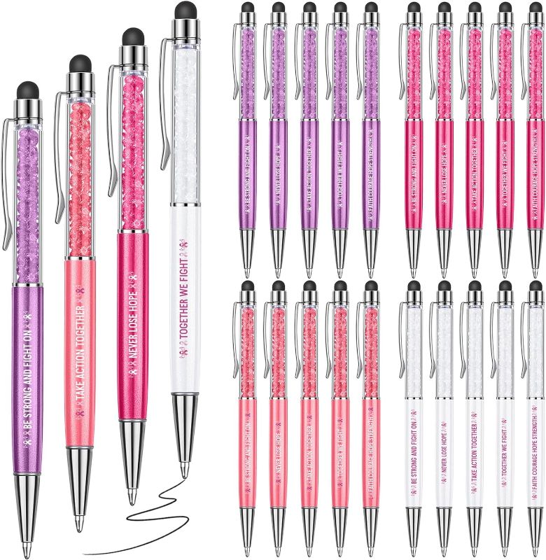 Photo 1 of Qeeenar 20 Pcs Breast Cancer Awareness Pens Bulk Pink Crystal Ballpoint Pen Motivational Inspirational Pen for Women Ribbon Pen Glitter Pen 1.0 mm Black Ink Slim Pens for Touch Screens, 5 Designs
 2 PACK 