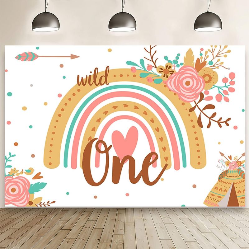 Photo 1 of AIBIIN 7x5ft Boho Rainbow Wild One Backdrop for Girls 1st Birthday Party Decoration Photography Background Pink Floral Wigwam Banner Photo Booth Props Woodland Party Decor Cake Table Supplies
