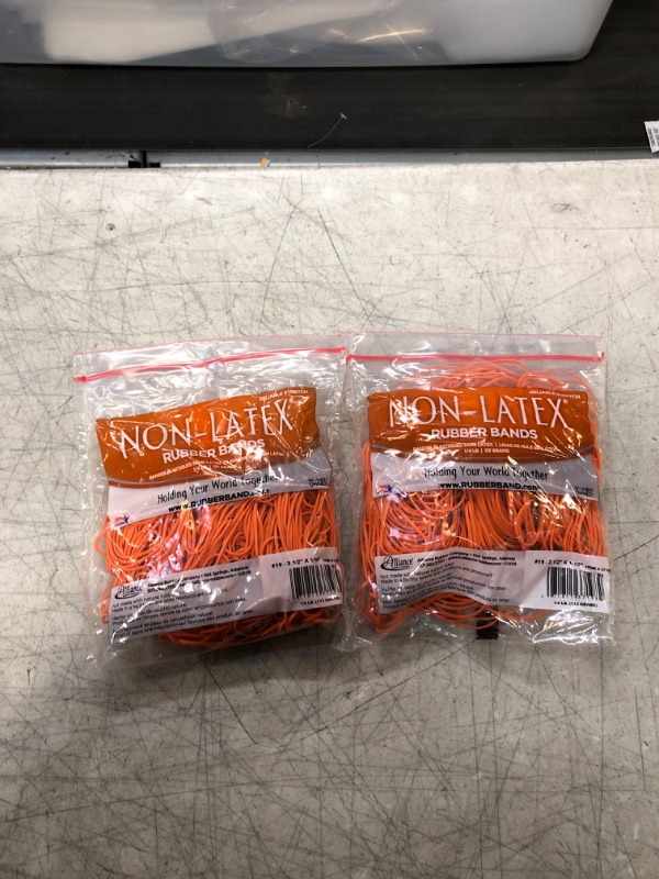 Photo 2 of Alliance Rubber 37198#19 Non-Latex Rubber Bands, 1/4 lb Poly Bag Contains Approx. 260 Bands (3 1/2" x 1/16", Orange) 3 1/2 x 1/16 Inches 1/4 Pound Bag PACK OF 2