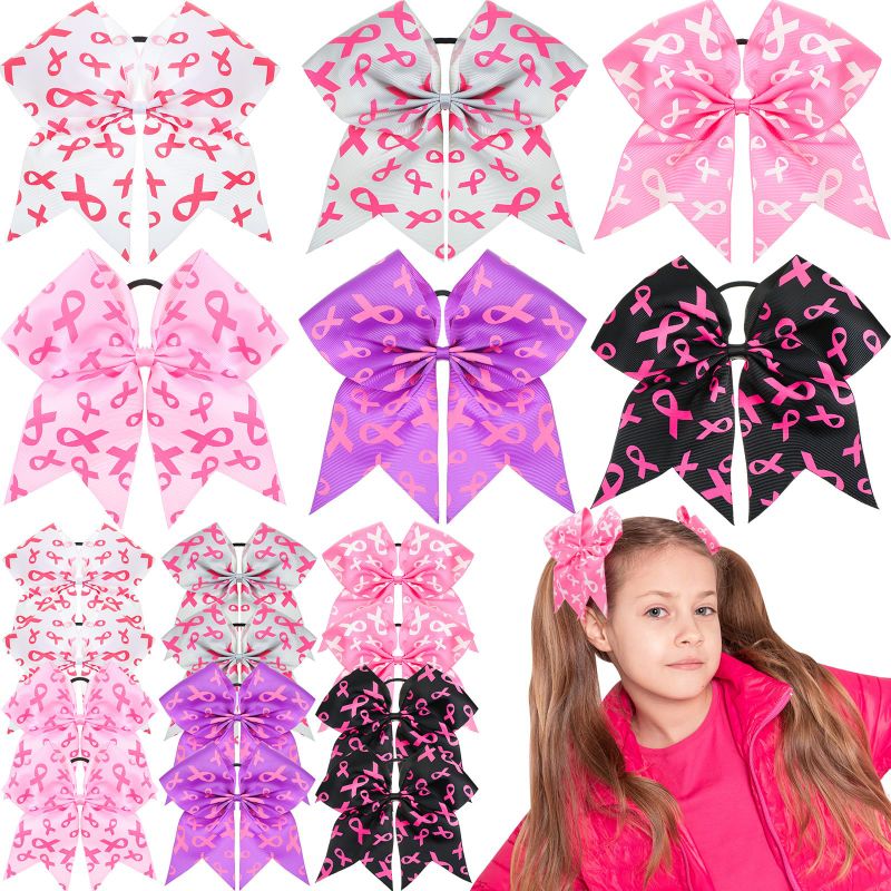 Photo 1 of Crowye 18 Pieces 7 Inch Breast Cancer Awareness Large Cheer Hair Bows for Teens Women Ponytail Holder Pink Ribbon Elastic Cheerleading Hair Accessories for Breast Cancer Month in 6 Styles