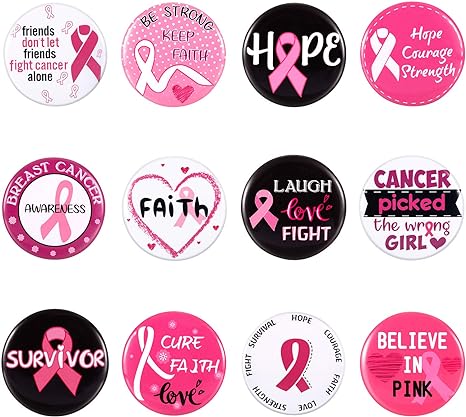 Photo 1 of 36 Pieces 12 Designs Pink Ribbon Buttons Novelty Pink Breast Cancer Awareness Buttons Badge Pinback Buttons Brooch Lapel Round Button Pins Decorations for Party Favors
