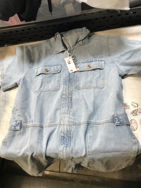 Photo 2 of  Women's Baggy Vintage Distressed Short Denim Jumpsuit Short Sleeve Button Down Jean Jumpsuit Rompers SIZE XL 