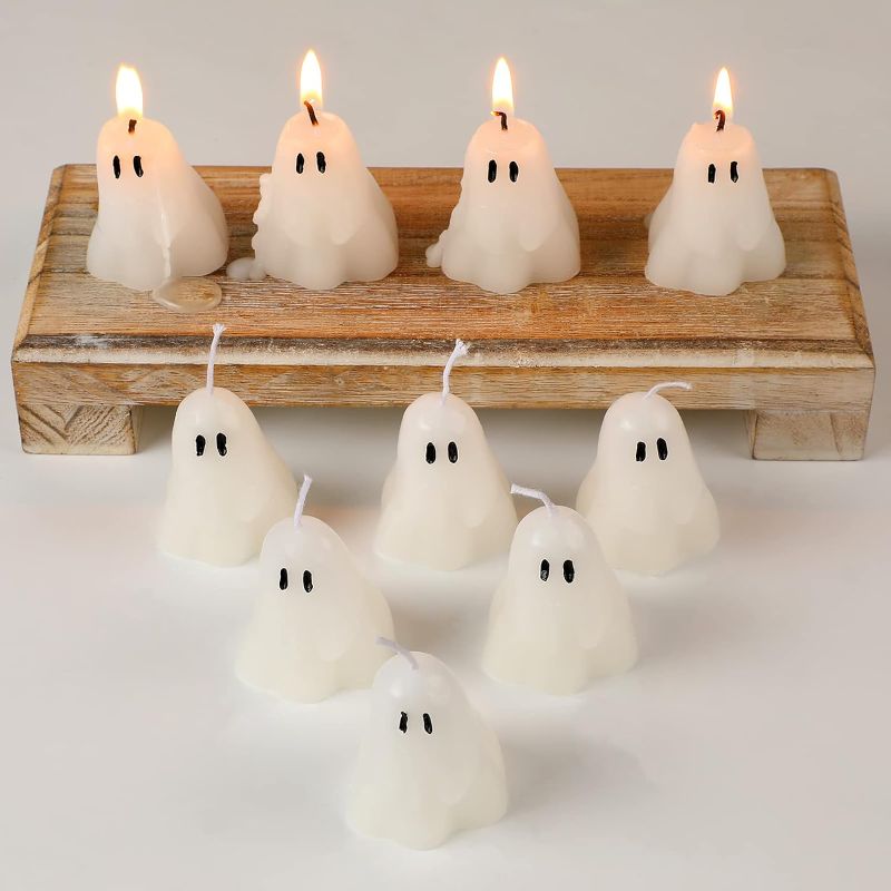 Photo 1 of 10 Pieces Halloween Ghost Candles Burning Candles Soy Wax White Halloween Decor Candles for Halloween Party Decorations, Pumpkin