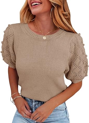 Photo 1 of Carryvicty Women's Puff Short Sleeve Sweater Tops Spring Crew Neck Dot Knit Lightweight Pullover Shirt SIZE UNKOWN ---- SEALED 