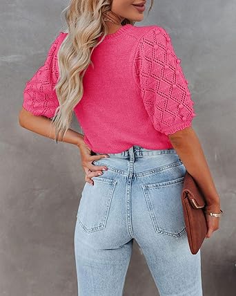 Photo 1 of Carryvicty Women's Puff Short Sleeve Sweater Tops Spring Crew Neck Dot Knit Lightweight Pullover Shirt --- UNKNOWN SIZE 