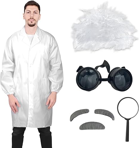Photo 1 of Alaiyaky Mad Scientist Costume Set for Adult 1920s Mad Scientist Wig White Lab Coat Mustache for Halloween Cosplay -- Size Medium
