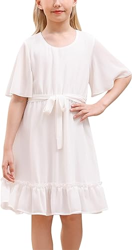 Photo 1 of GORLYA Girls Boho Flowy Sleeve Cinched Waist Ruffle Hem Elegant Chiffon Dress with Belt -- Size 12Y