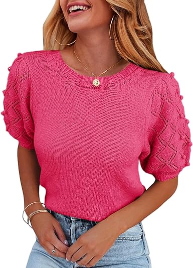 Photo 1 of Carryvicty Women's Puff Short Sleeve Sweater Tops Spring Crew Neck Dot Knit Lightweight Pullover Shirt -- Size Medium