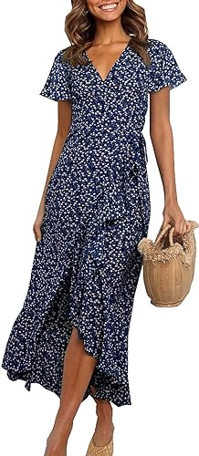 Photo 1 of Imysty Womens Boho Floral Printed V Neck Wrap Dresses Short Sleeve Casual Beach Maxi Long Dress -- Size Large 
