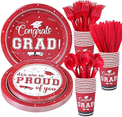 Photo 1 of 150Pcs Graduation Party Supplies/Decorations (Serves 25) Disposable Dinnerware Set Dinner Plates, Dessert Plates, Cups, Knives, Forks, Spoons. for College High School Graduation