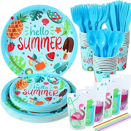 Photo 1 of 162Pcs Summer Fruits Party Supplies Party Decorations (Serves 25) Birthday Disposable Tableware Set include Dinner Plates, Dessert Plates, Cups, Knives, Forks, Spoons,Straws,Beverage Bags
