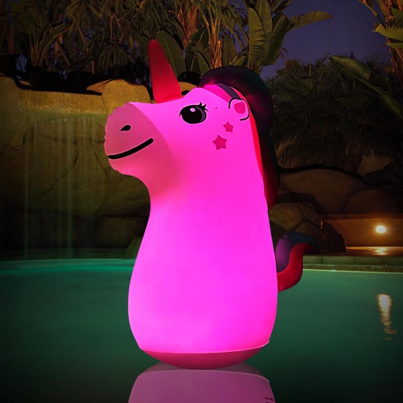 Photo 1 of Lslpin Solar Floating Pool Lights,Glow in The Dark Solar Powered Unicorn Pool Lights,Color Changing Inflatable Waterproof Solar Swimming Lights for Pool Yard Garden Decorations