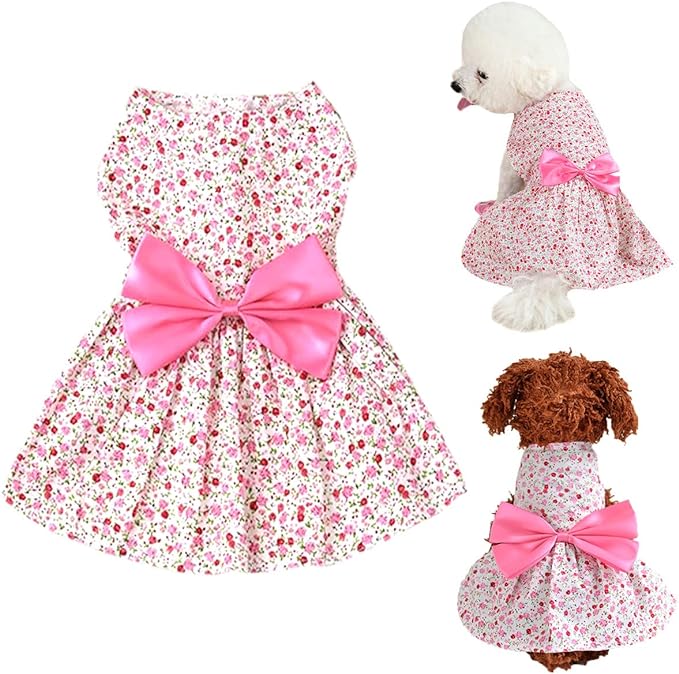 Photo 1 of Brocarp Dog Dress- Puppy Floral Princess Dresses, Dog Dress Bowknot Tutu Skirt, Thin Cute Pet Summer Clothes Apparel for Small Medium Girl Dogs Cats Kitten, Dog Flower Sundress Doggy Outfit Costume XS