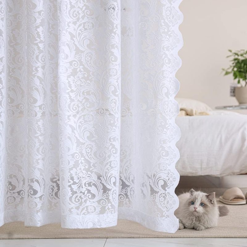 Photo 1 of ALIGOGO White Lace Curtains 84 inches Long-Vintage Floral Luxury Lace Sheer Curtains for Living Room 2 Panels Rod Pocket 55 W x 120" L Inch,White