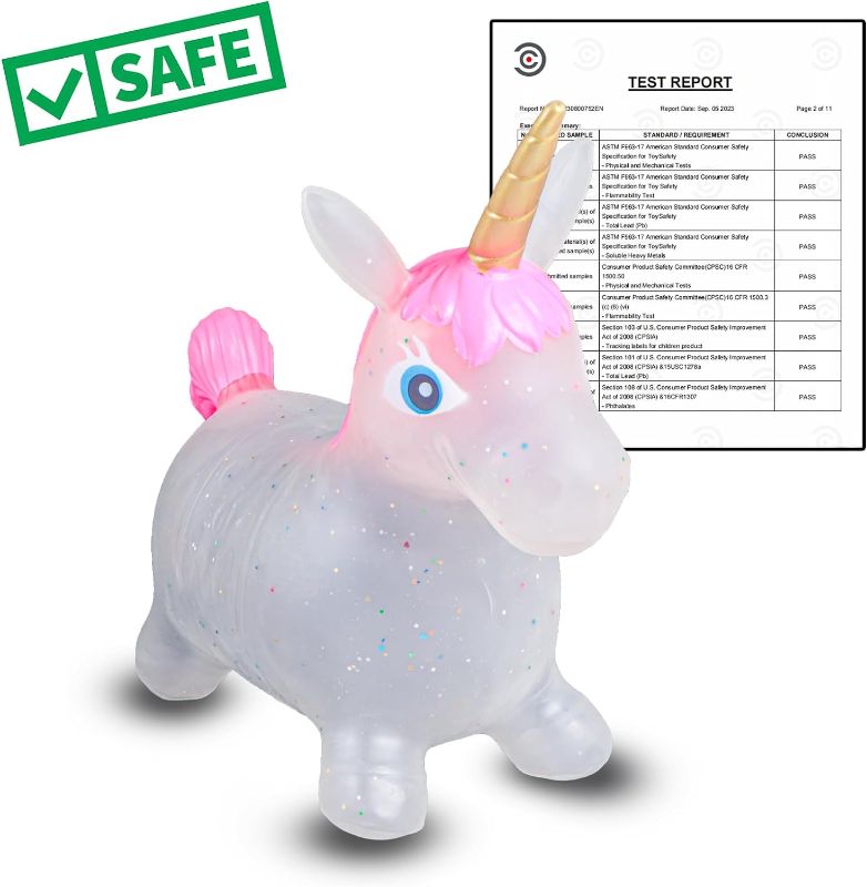 Photo 1 of CHESNIEW Transparent Glittery Bouncy Horse, Inflatable Bouncing Animal Hopper for Toddlers or Kids, Ride on Rubber Jumping Toys for Boy or Girl Birthday Gift (Pink Unicorn)