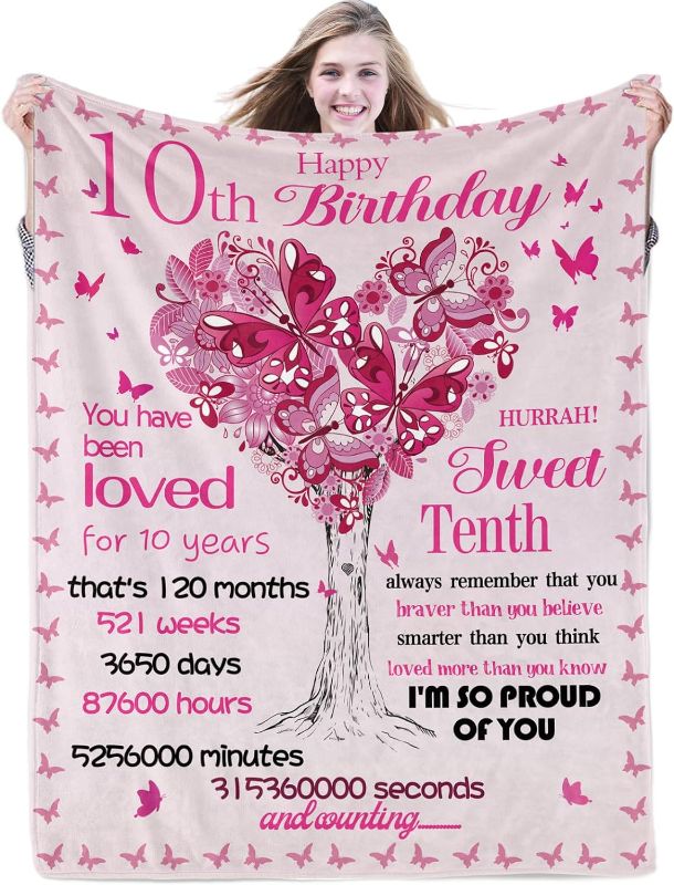 Photo 1 of 10th Birthday Gifts for Girls Happy Sweet 10 Blanket Gifts 10 Year Old Flannel Fleece Throw Blankets for Daughters, Nieces, Granddaughters, Ten Birthday Gift Idea Decorations, 10th, 50''X60''
