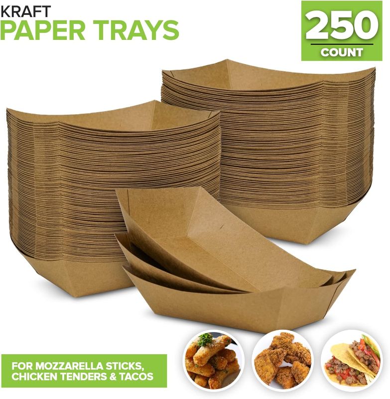 Photo 1 of [250 Pack] Medium Disposable Brown Kraft Paper Food Trays, 1-Lb Concession Tray, Serving Boats for Party Snacks, Taco Bar, Seafood, Nachos Plates
