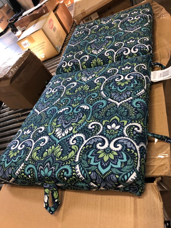 Photo 2 of Arden Selections Outdoor Dining Chair Cushion 20 x 20, Sapphire Aurora Blue Damask 20 x 20 High Back Sapphire Aurora Blue Damask