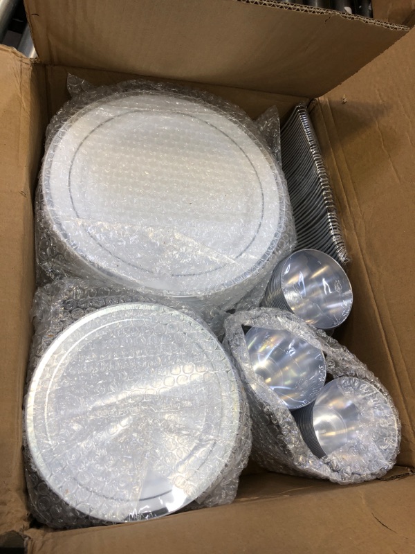 Photo 2 of 600pcs Plastic Dinnerware Set 100 Guest, Silver Plastic plates for party, Silver Party Plates Sets For 100 Guests, Premium Wedding Plates Disposable Set 100 Guests Includes Plates, Cups, And Cutlery. Silver Set