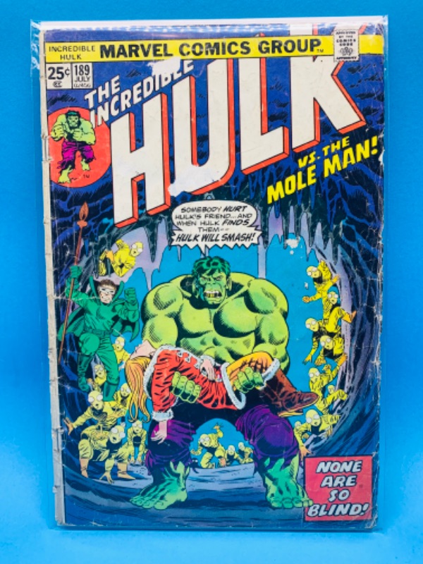 Photo 1 of 625375…vintage Hulk comic 189 in plastic sleeve- shows wear from age